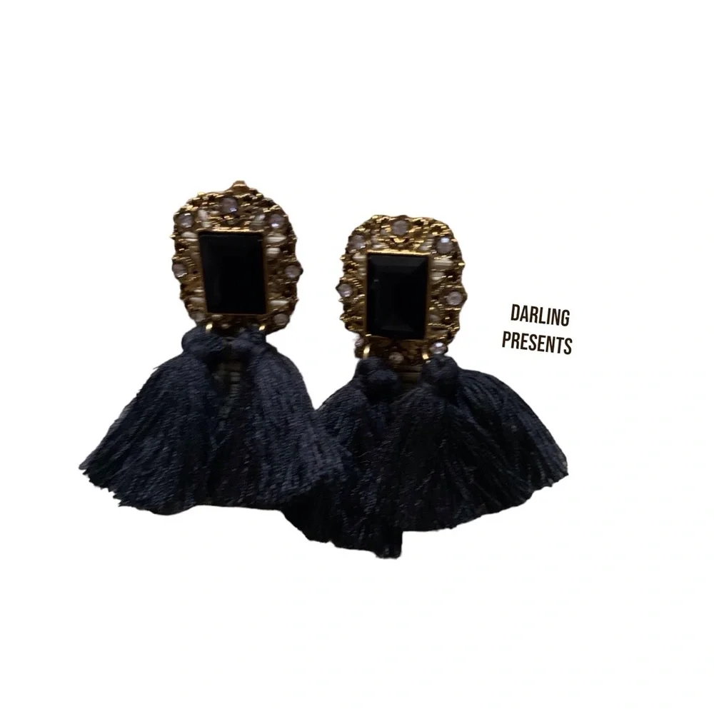 Gemstone Crystal Tassel Drop Earrings Women Color Black & Gold